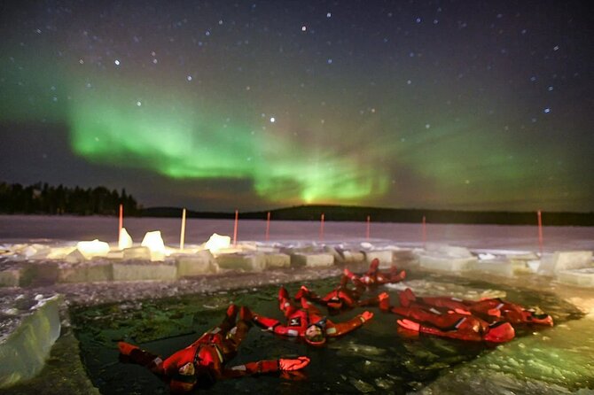 Ice floating in forest lake with northern lights